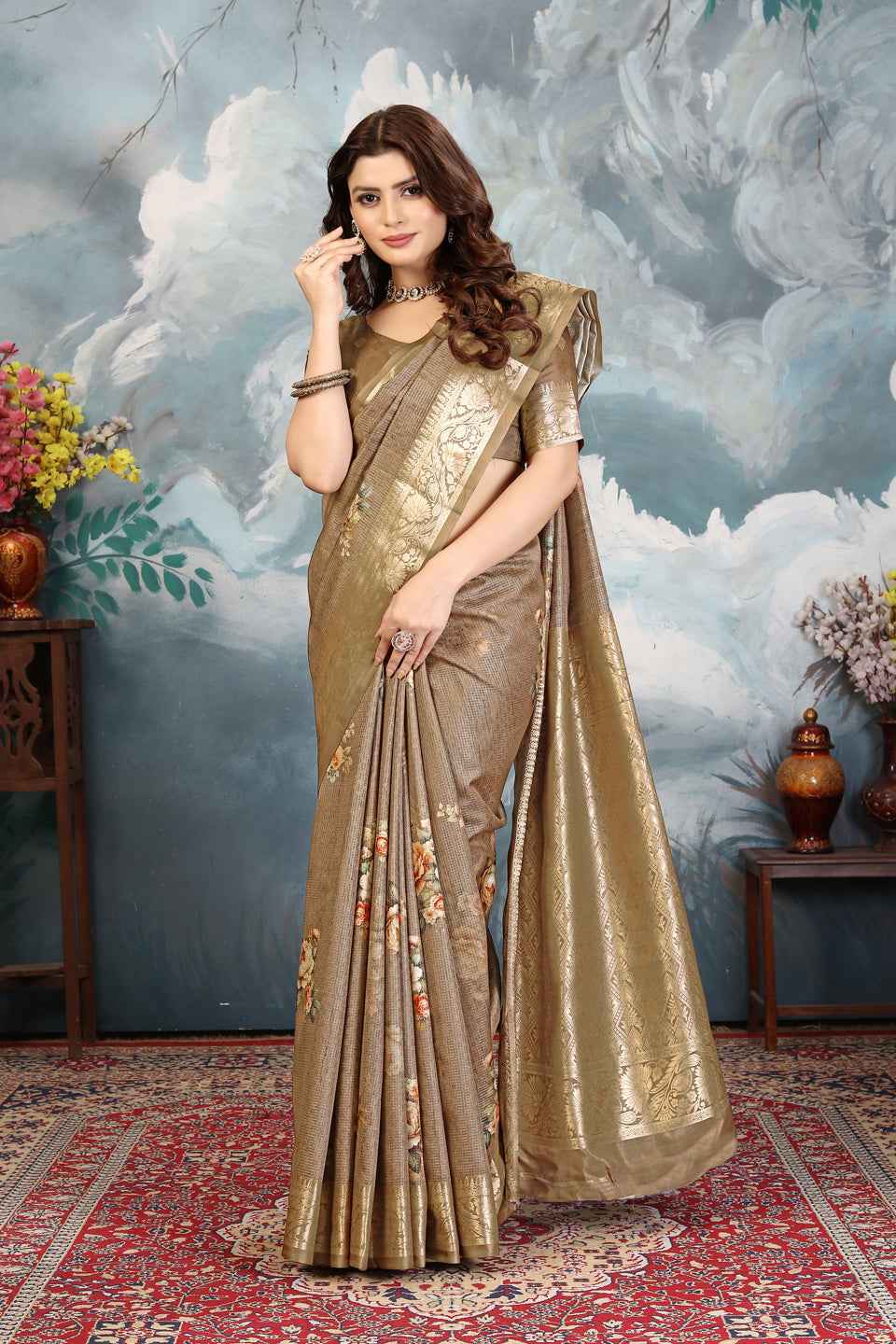 ZAMUNA Grey Silk Kanjivaram Digital Print Saree with Blouse Piece – Elegant Reception & Festive Saree