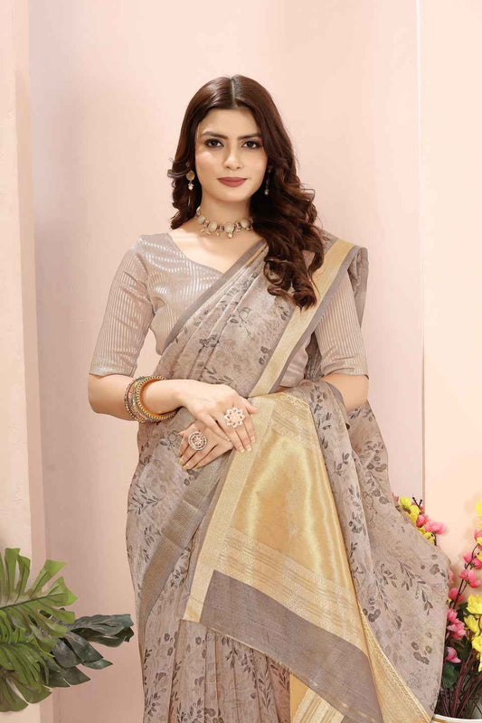 ZAMUNA Grey Tissue Woven Floral Digital Print Saree with Blouse Piece – Elegant Wedding Reception Saree