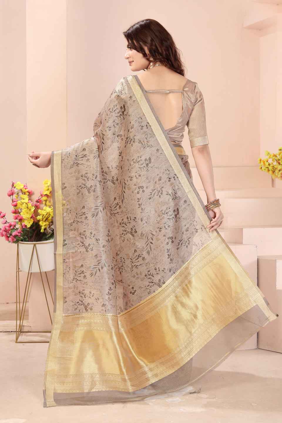 ZAMUNA Grey Tissue Woven Floral Digital Print Saree with Blouse Piece – Elegant Wedding Reception Saree