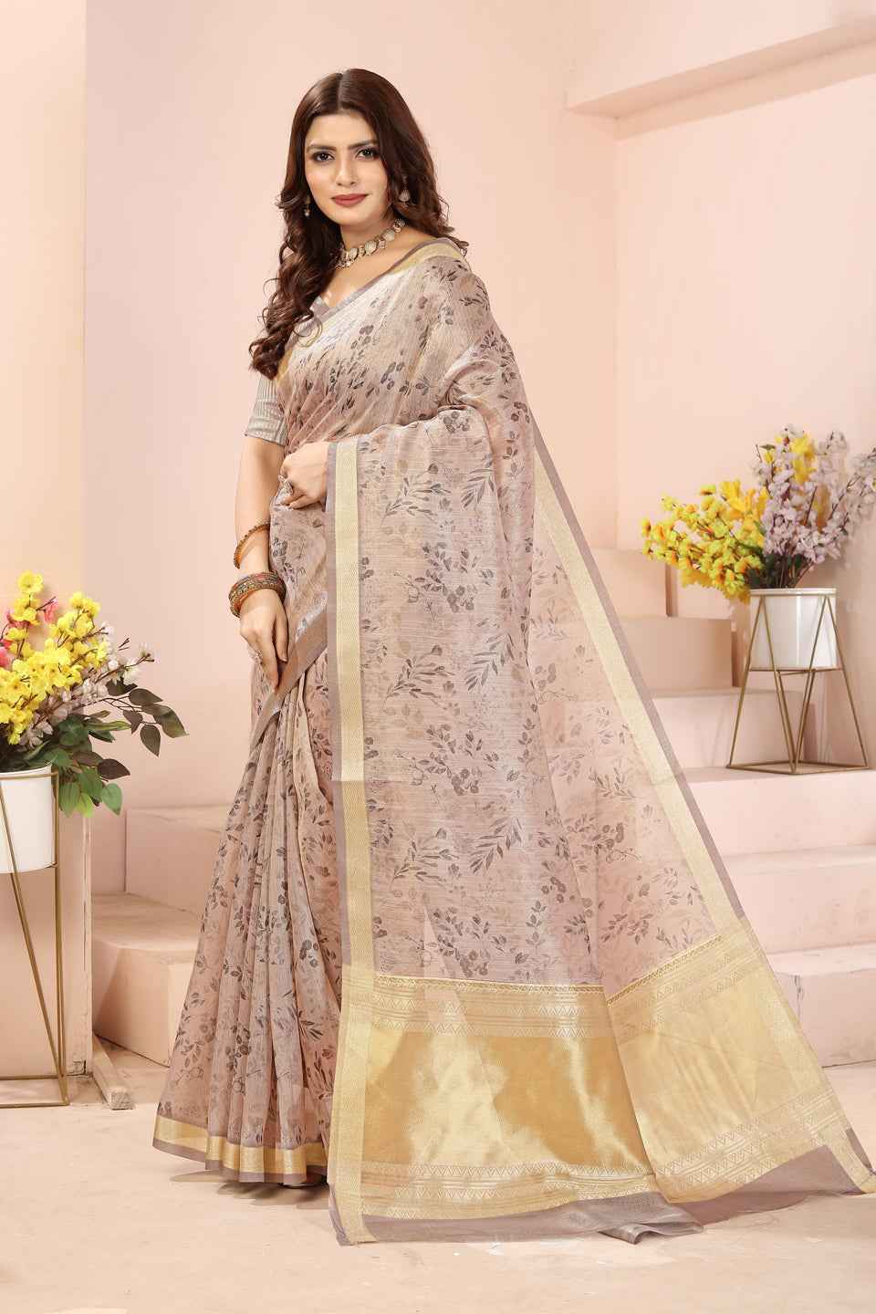 ZAMUNA Grey Tissue Woven Floral Digital Print Saree with Blouse Piece – Elegant Wedding Reception Saree