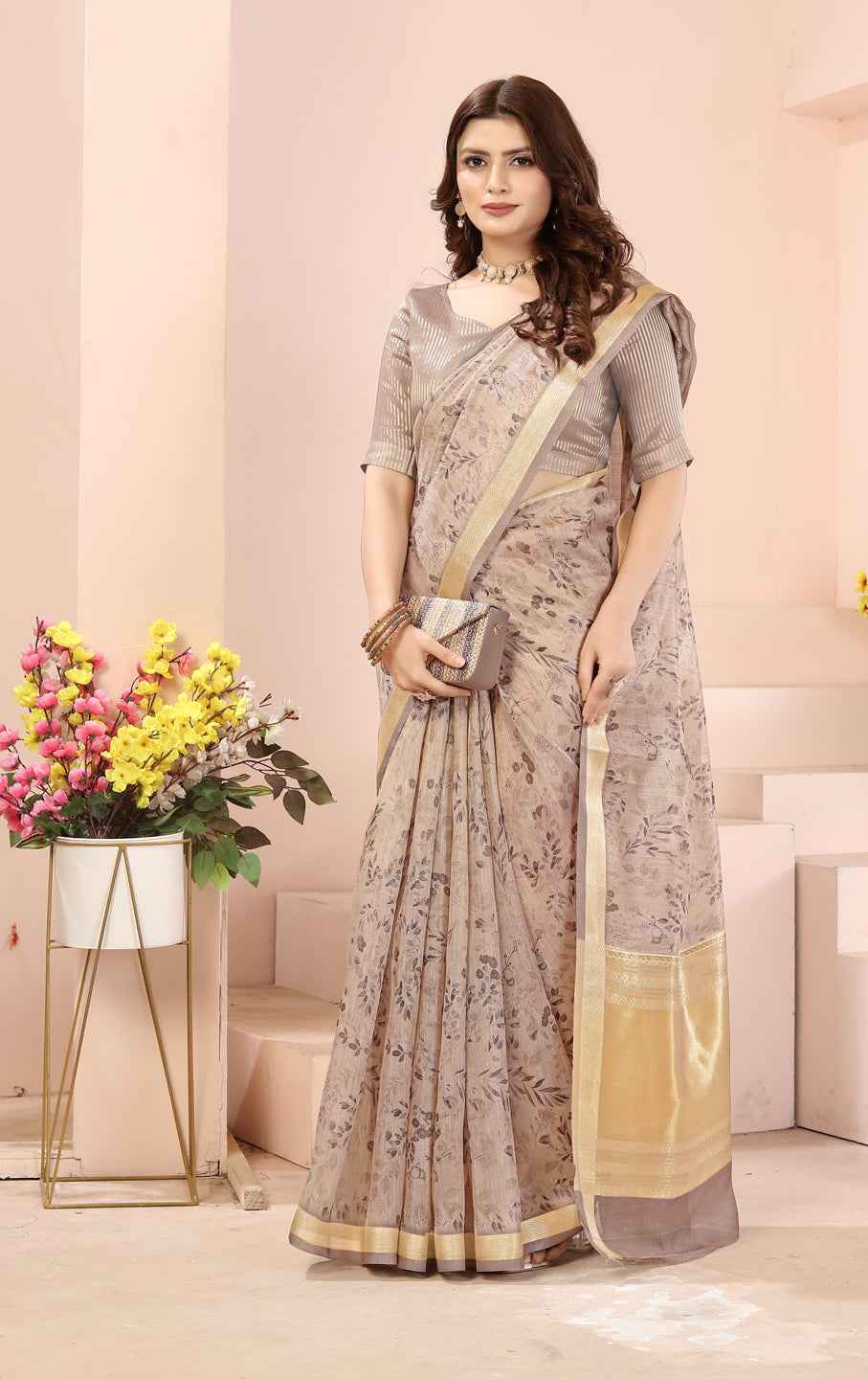 ZAMUNA Grey Tissue Woven Floral Digital Print Saree with Blouse Piece – Elegant Wedding Reception Saree