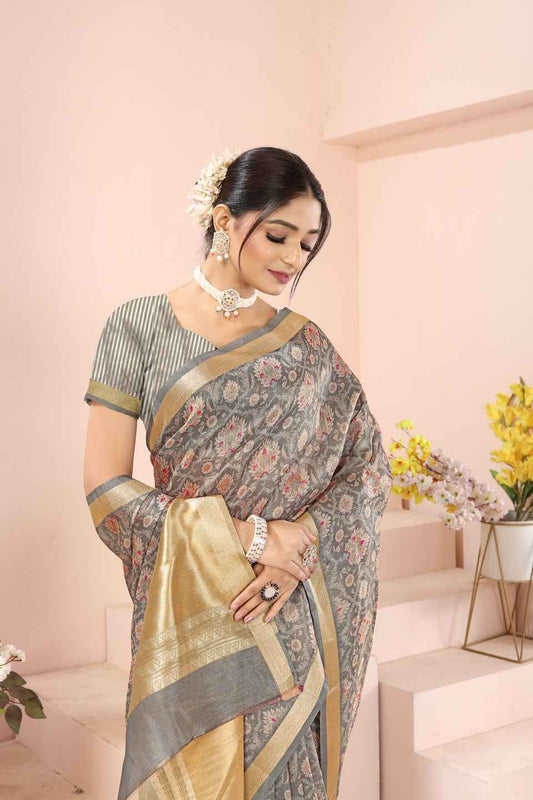 ZAMUNA Grey Tissue Woven Floral Digital Print Saree with Blouse Piece – Minimalist Festive Saree