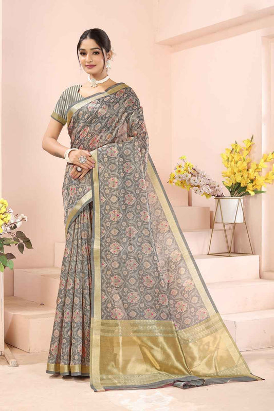 ZAMUNA Grey Tissue Woven Floral Digital Print Saree with Blouse Piece – Minimalist Festive Saree