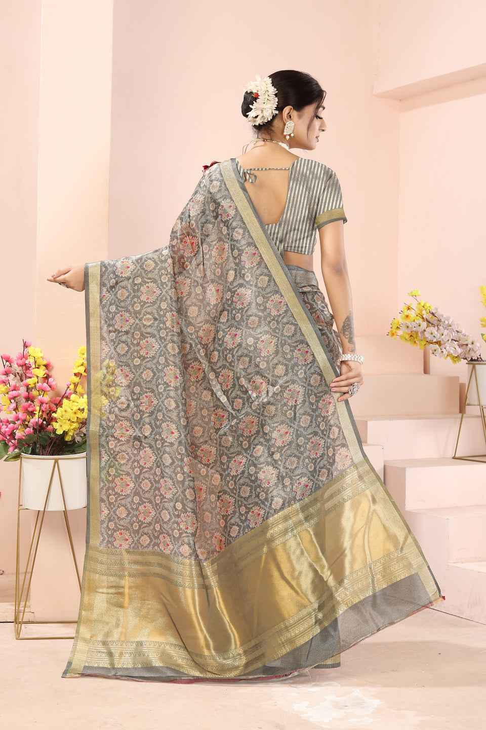 ZAMUNA Grey Tissue Woven Floral Digital Print Saree with Blouse Piece – Minimalist Festive Saree