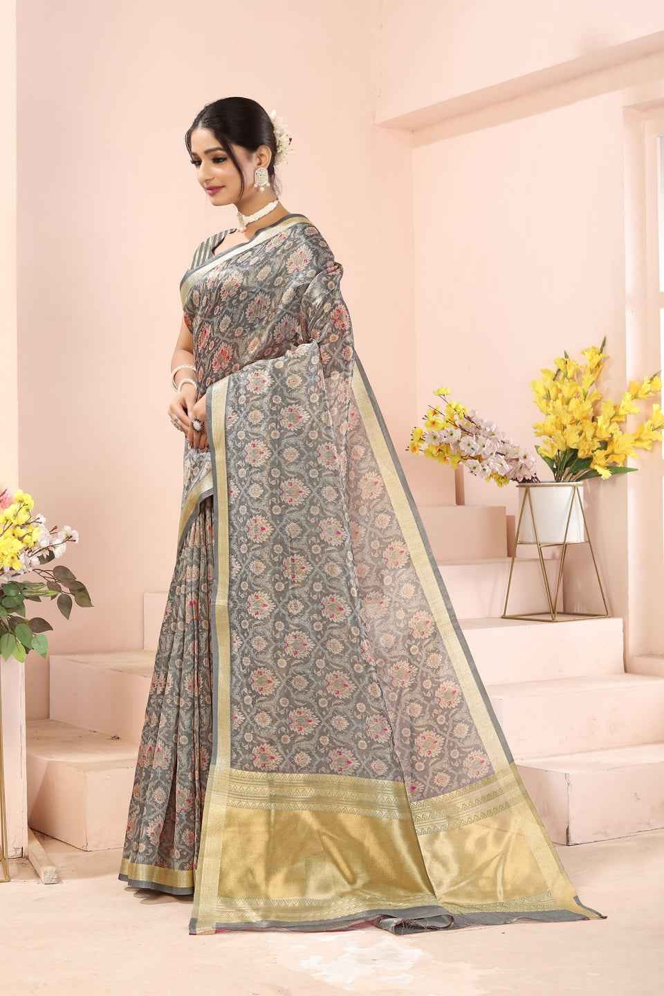 ZAMUNA Grey Tissue Woven Floral Digital Print Saree with Blouse Piece – Minimalist Festive Saree
