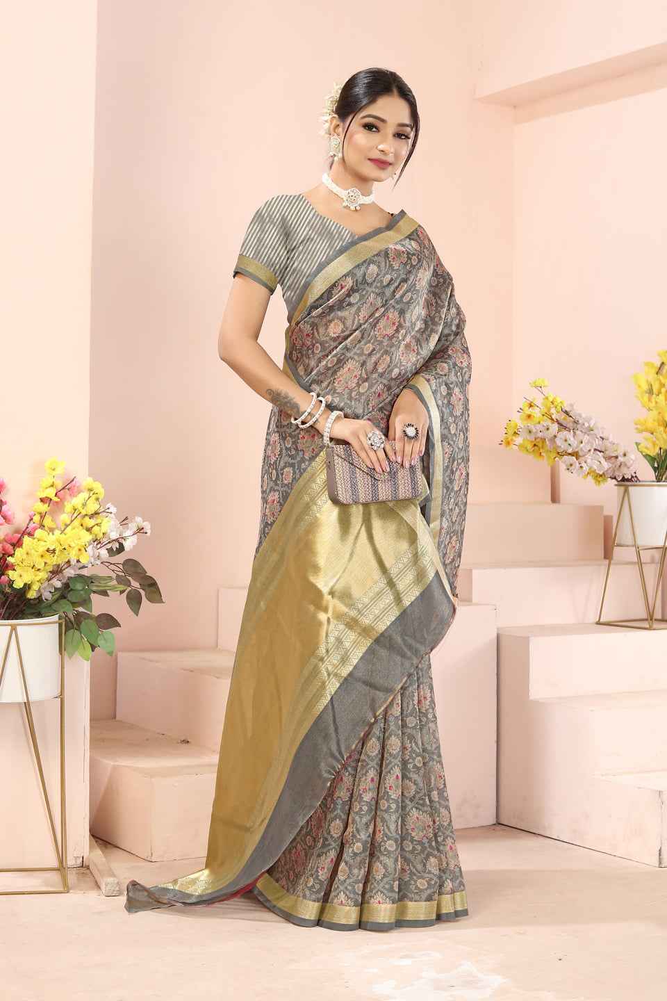 ZAMUNA Grey Tissue Woven Floral Digital Print Saree with Blouse Piece – Minimalist Festive Saree