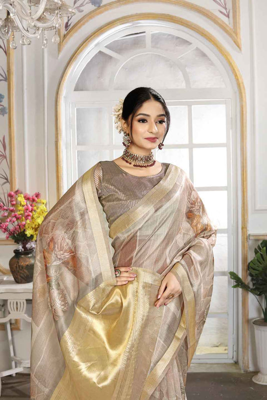 ZAMUNA Grey Tissue Woven Floral Digital Print Saree with Blouse Piece – Subtle Wedding & Festive Saree