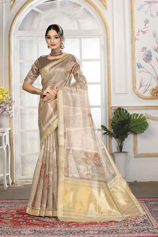 ZAMUNA Grey Tissue Woven Floral Digital Print Saree with Blouse Piece – Subtle Wedding & Festive Saree