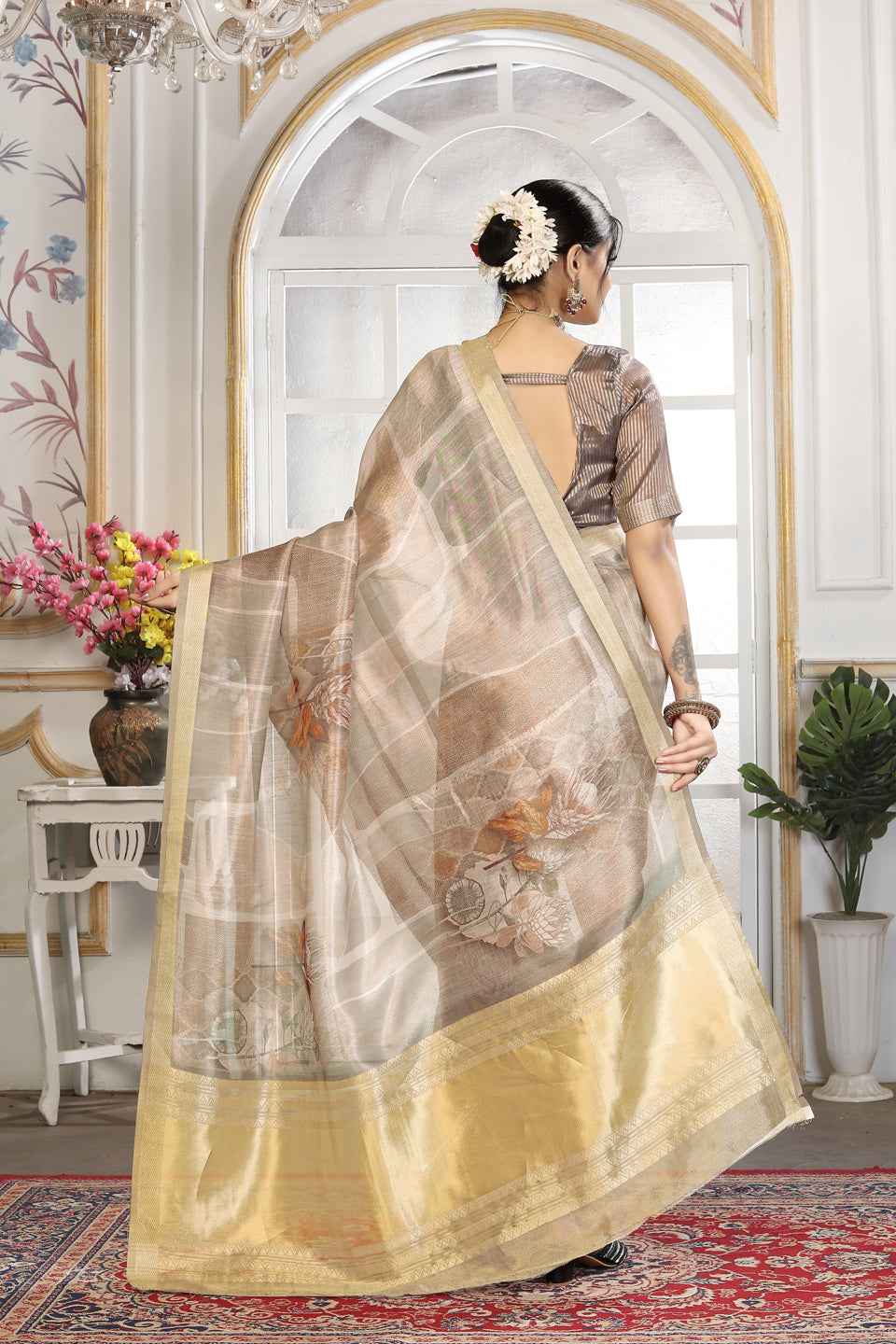 ZAMUNA Grey Tissue Woven Floral Digital Print Saree with Blouse Piece – Subtle Wedding & Festive Saree