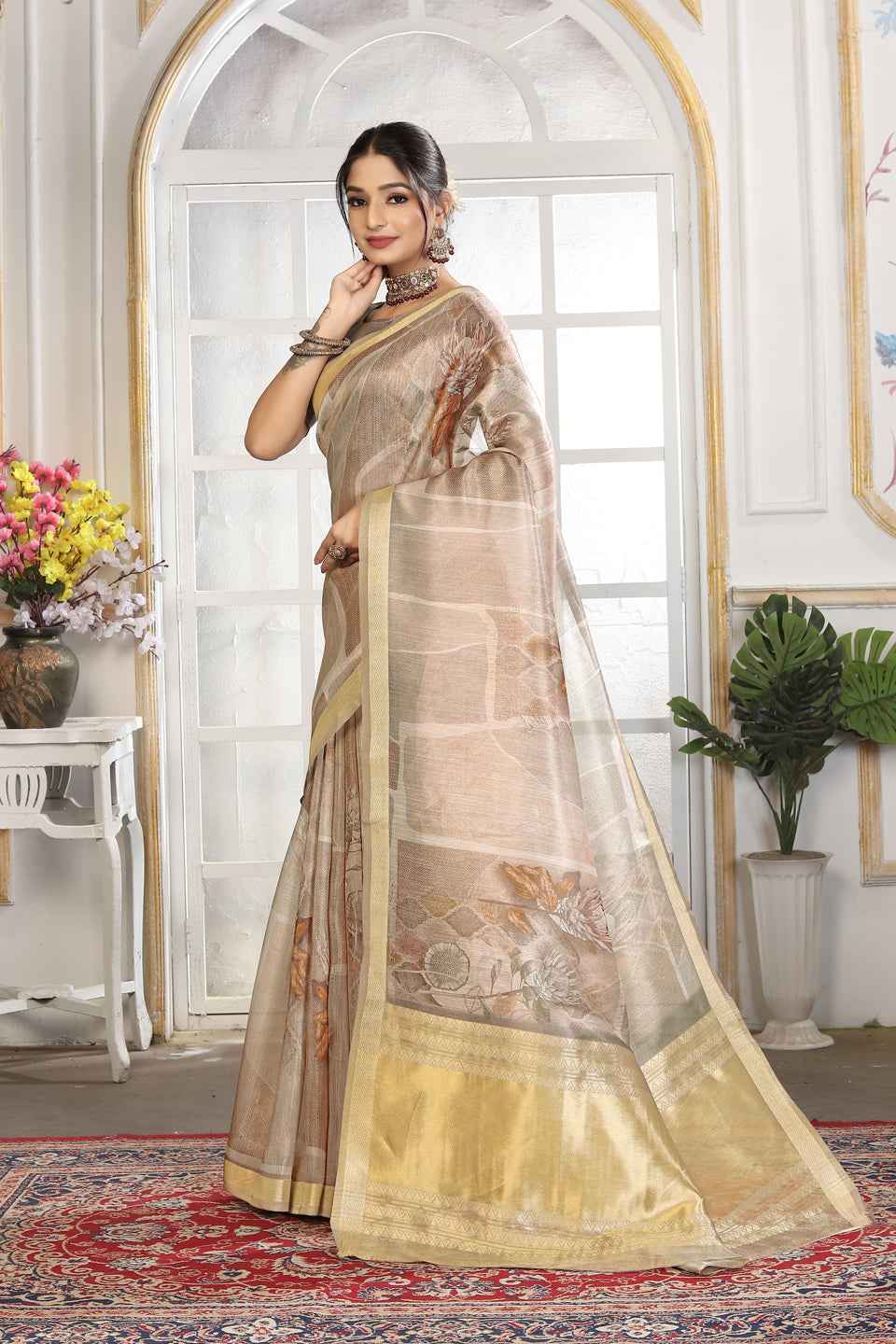 ZAMUNA Grey Tissue Woven Floral Digital Print Saree with Blouse Piece – Subtle Wedding & Festive Saree