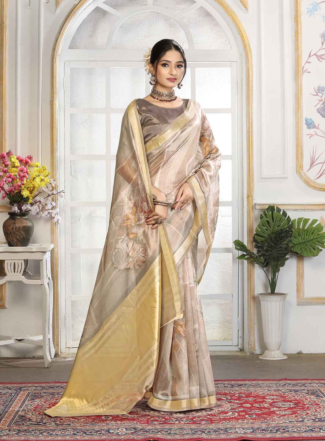 ZAMUNA Grey Tissue Woven Floral Digital Print Saree with Blouse Piece – Subtle Wedding & Festive Saree
