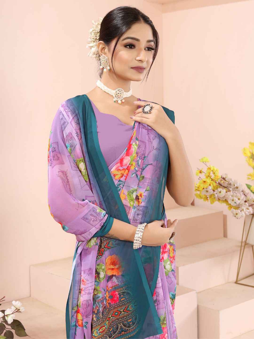 ZAMUNA Lavender Georgette Floral Digital Print Saree with Blouse Piece – Soft Pastel Festive Saree