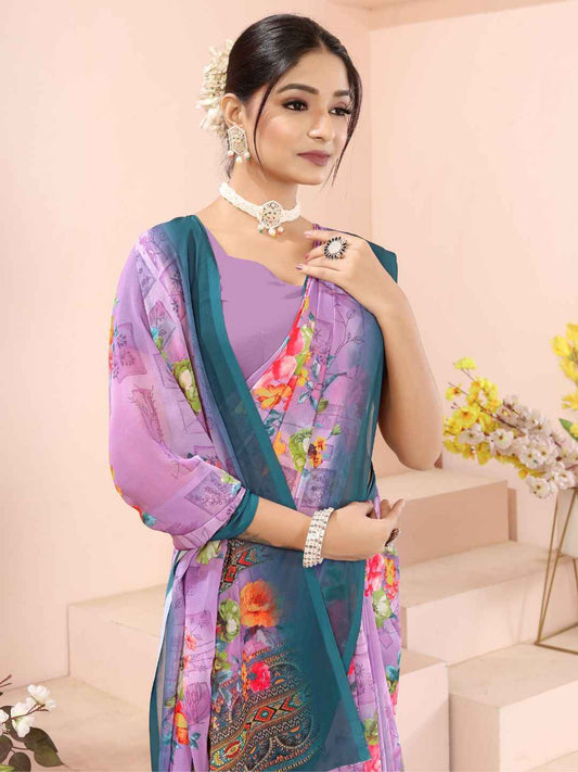 ZAMUNA Lavender Georgette Floral Digital Print Saree with Blouse Piece – Soft Pastel Festive Saree