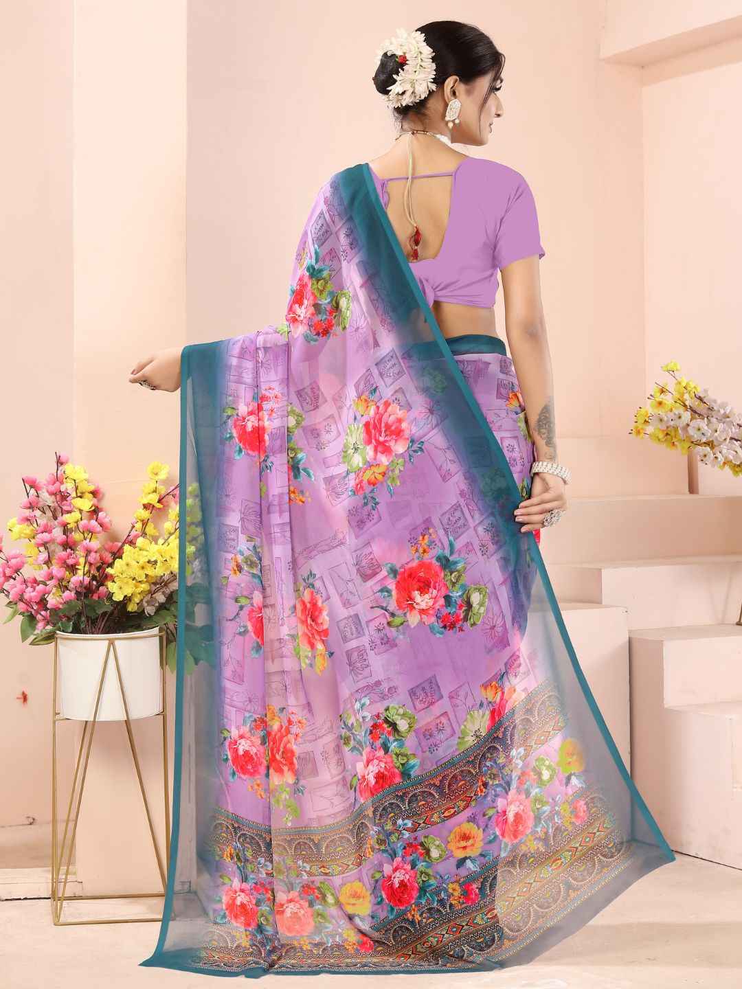 ZAMUNA Lavender Georgette Floral Digital Print Saree with Blouse Piece – Soft Pastel Festive Saree