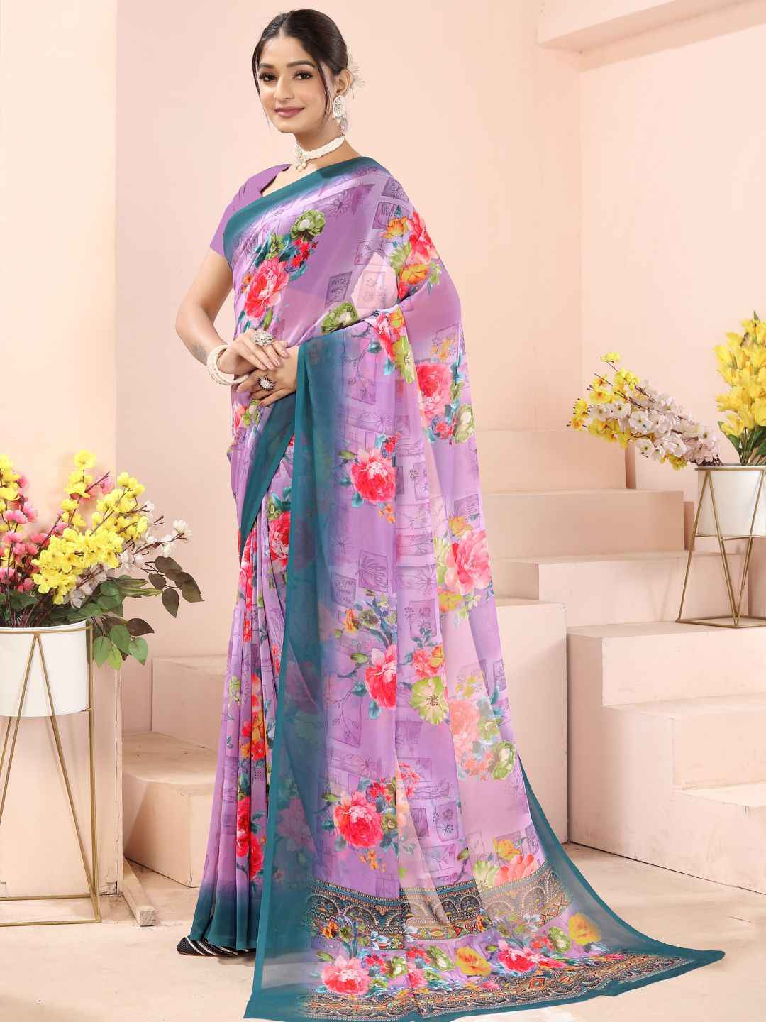 ZAMUNA Lavender Georgette Floral Digital Print Saree with Blouse Piece – Soft Pastel Festive Saree
