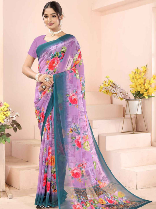 ZAMUNA Lavender Georgette Floral Digital Print Saree with Blouse Piece – Soft Pastel Festive Saree