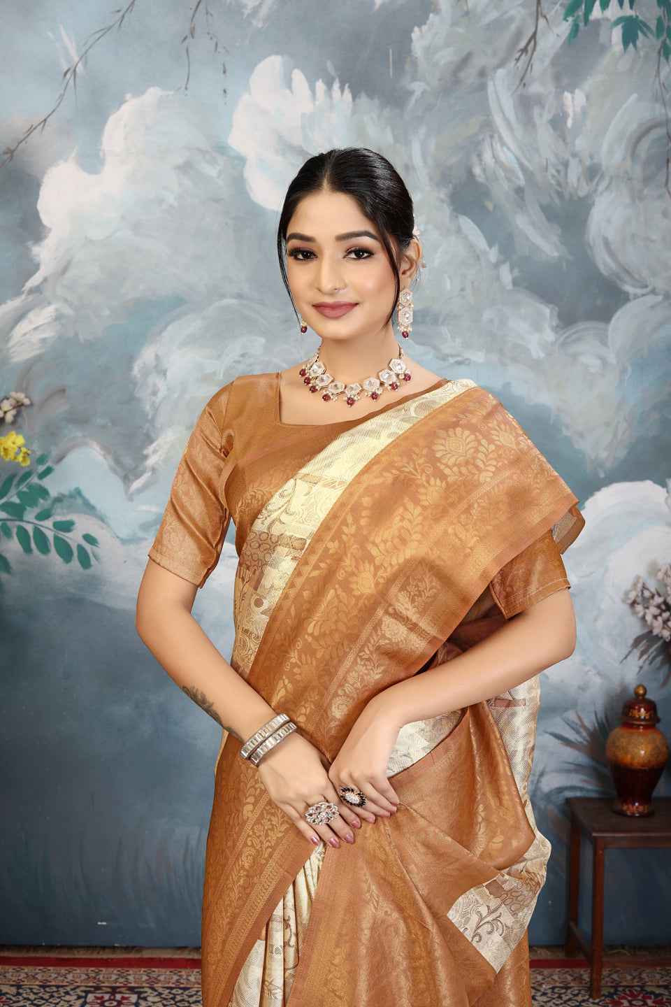 ZAMUNA Lavender Silk Woven Digital Print Saree with Blouse Piece – Elegant Pastel Festive Saree