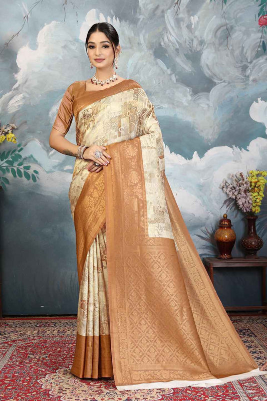 ZAMUNA Lavender Silk Woven Digital Print Saree with Blouse Piece – Elegant Pastel Festive Saree