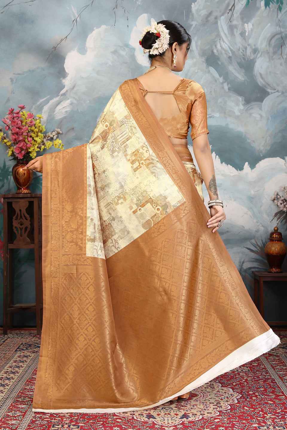 ZAMUNA Lavender Silk Woven Digital Print Saree with Blouse Piece – Elegant Pastel Festive Saree