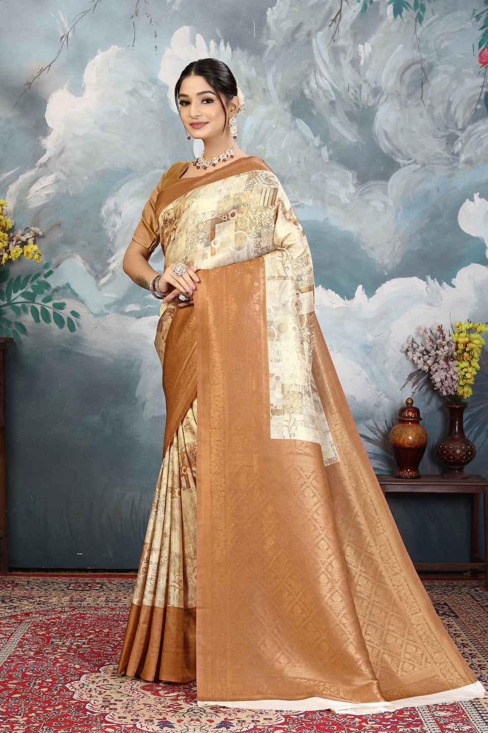 ZAMUNA Lavender Silk Woven Digital Print Saree with Blouse Piece – Elegant Pastel Festive Saree