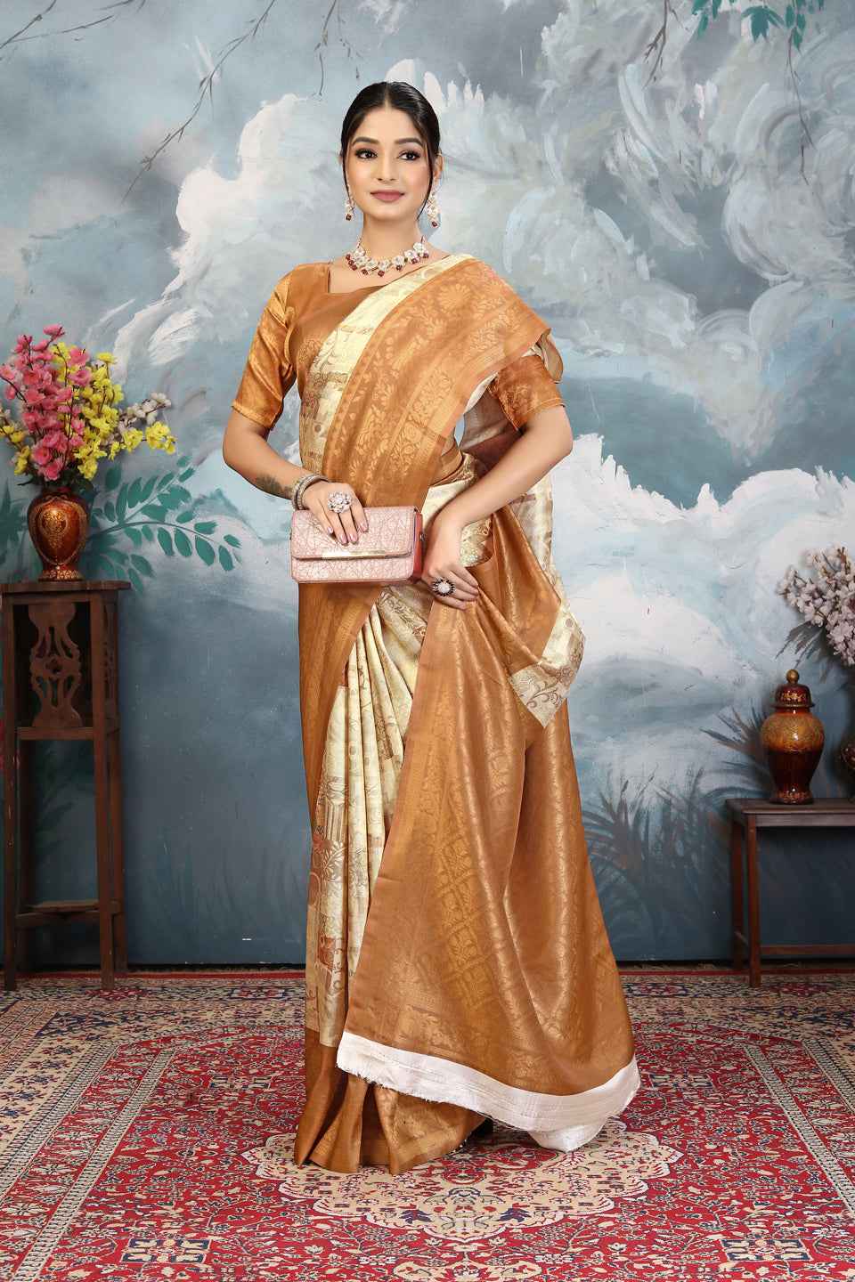 ZAMUNA Lavender Silk Woven Digital Print Saree with Blouse Piece – Elegant Pastel Festive Saree