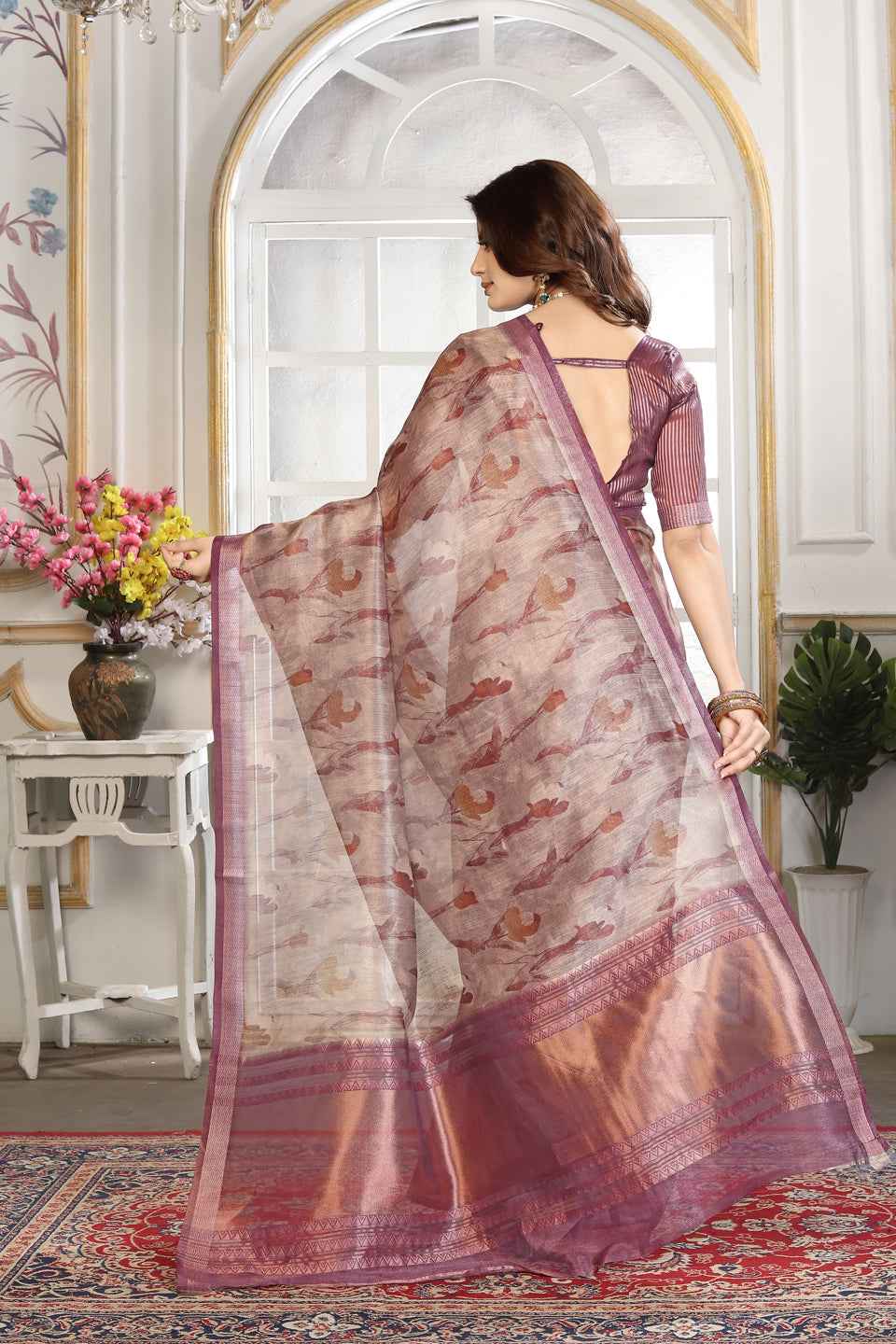 ZAMUNA Lavender Tissue Woven Floral Digital Print Saree with Blouse Piece – Soft & Elegant Festive Wear