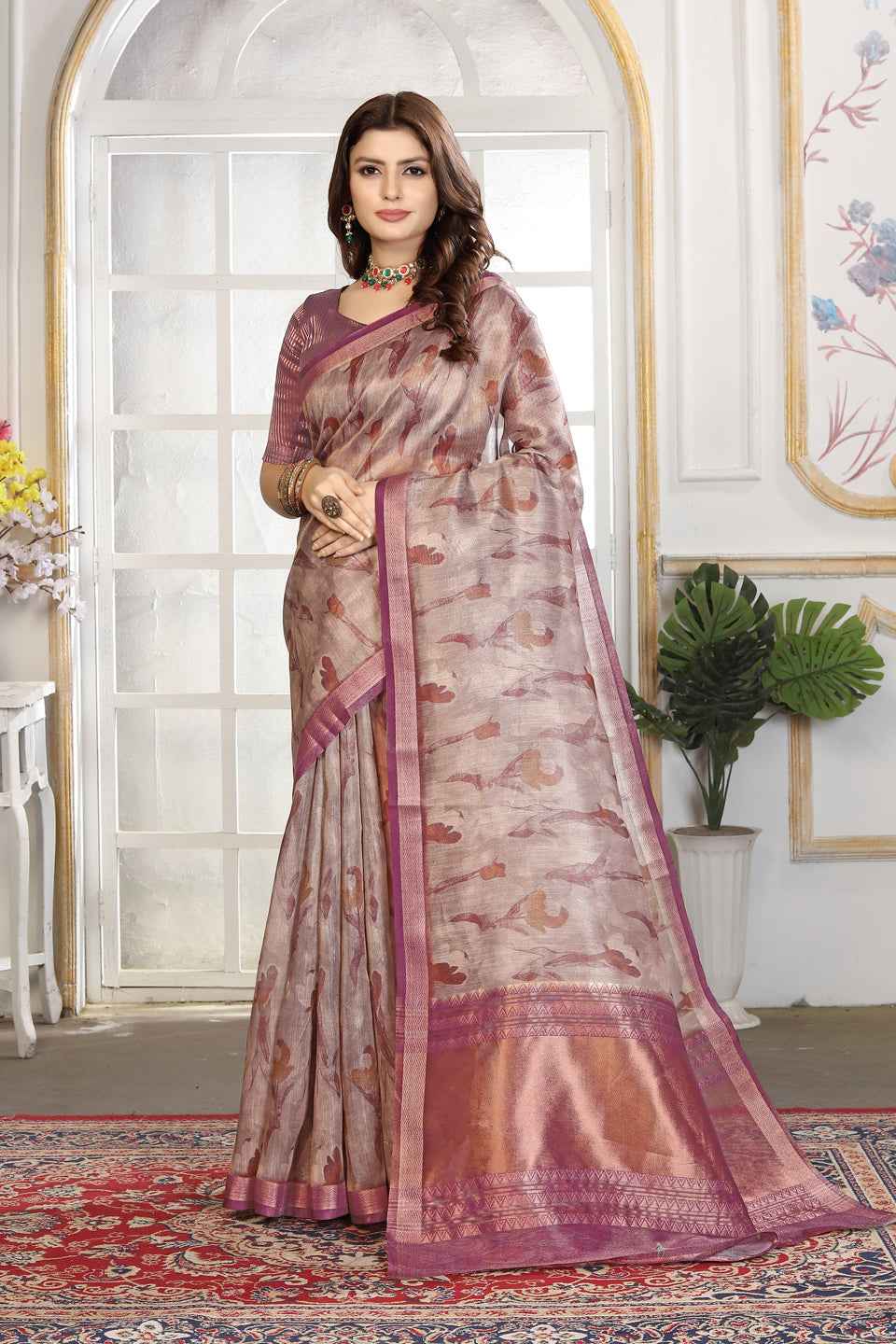ZAMUNA Lavender Tissue Woven Floral Digital Print Saree with Blouse Piece – Soft & Elegant Festive Wear