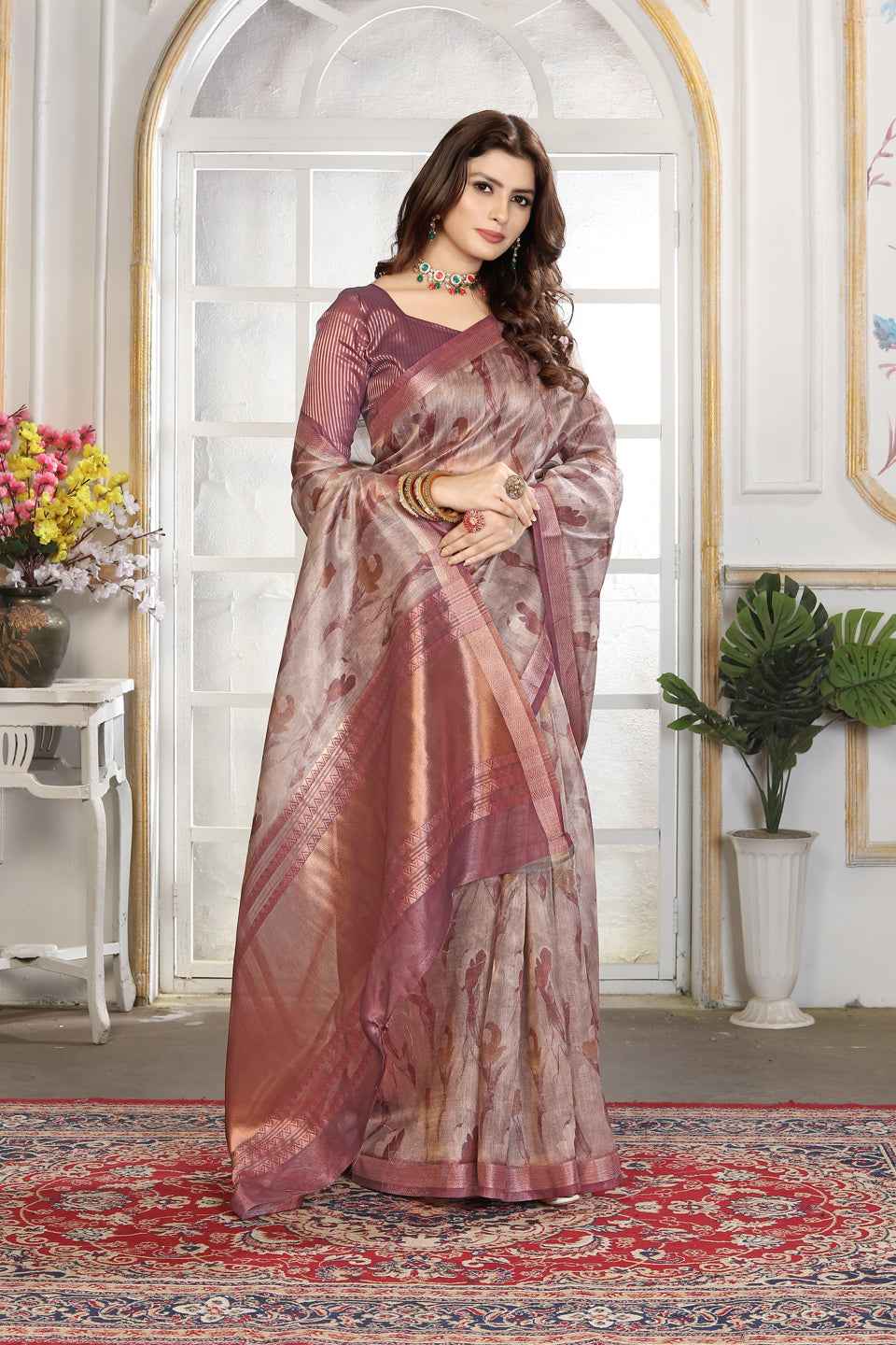 ZAMUNA Lavender Tissue Woven Floral Digital Print Saree with Blouse Piece – Soft & Elegant Festive Wear