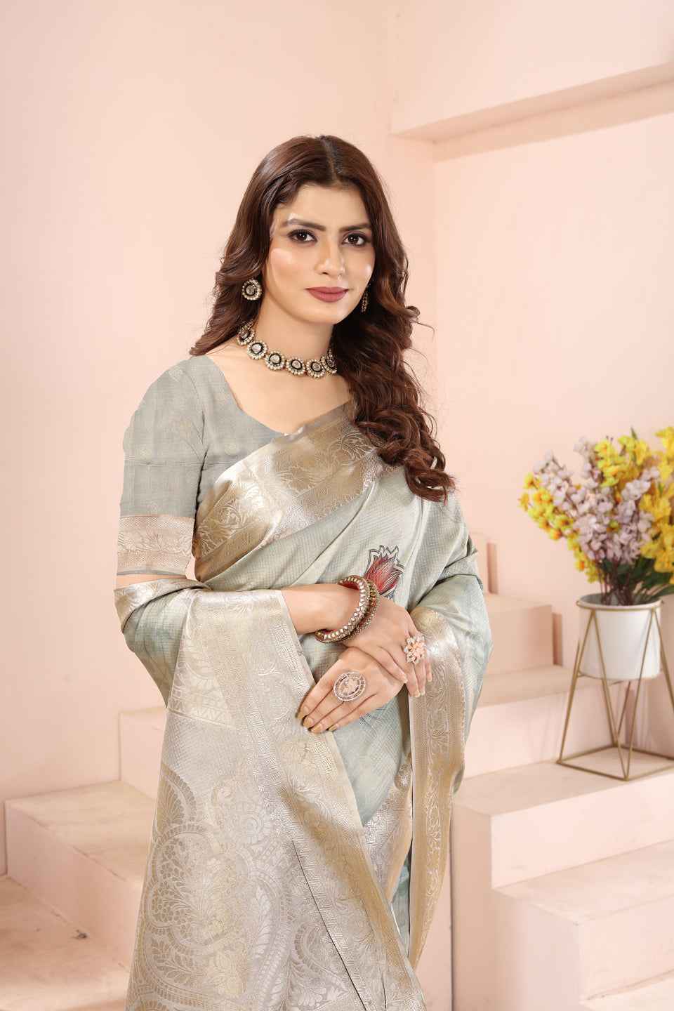 ZAMUNA Light Blue Silk Kanjivaram Digital Print Saree with Blouse Piece – Pastel Wedding & Festive Wear