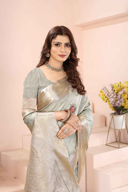 ZAMUNA Light Blue Silk Kanjivaram Digital Print Saree with Blouse Piece – Pastel Wedding & Festive Wear