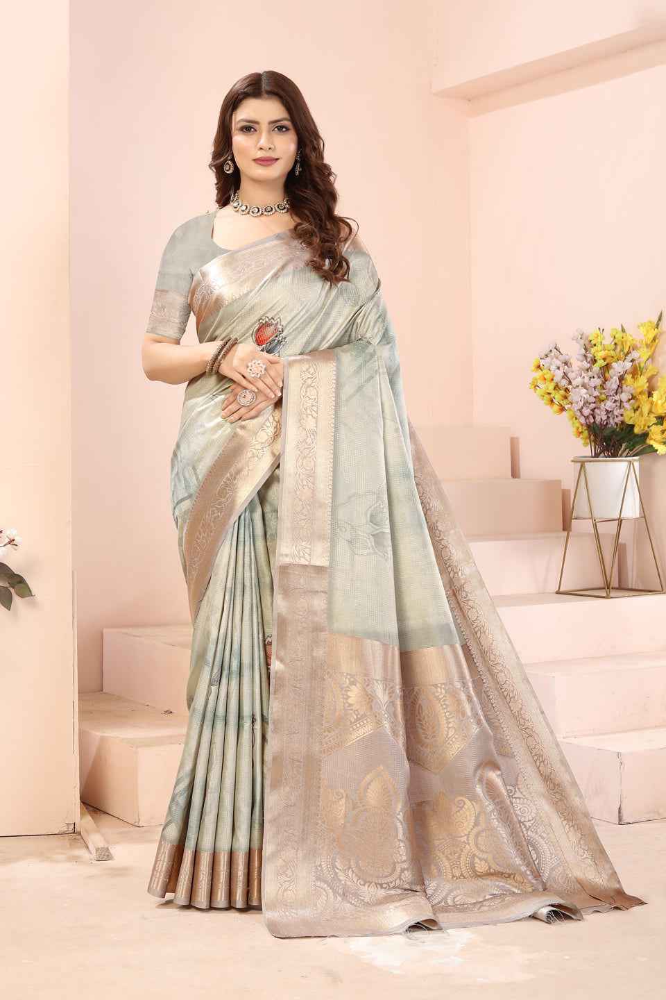 ZAMUNA Light Blue Silk Kanjivaram Digital Print Saree with Blouse Piece – Pastel Wedding & Festive Wear