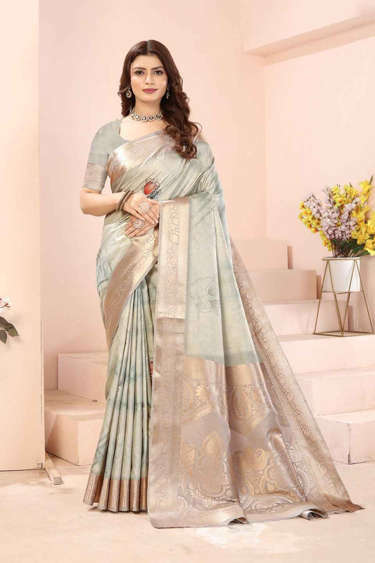ZAMUNA Light Blue Silk Kanjivaram Digital Print Saree with Blouse Piece – Pastel Wedding & Festive Wear
