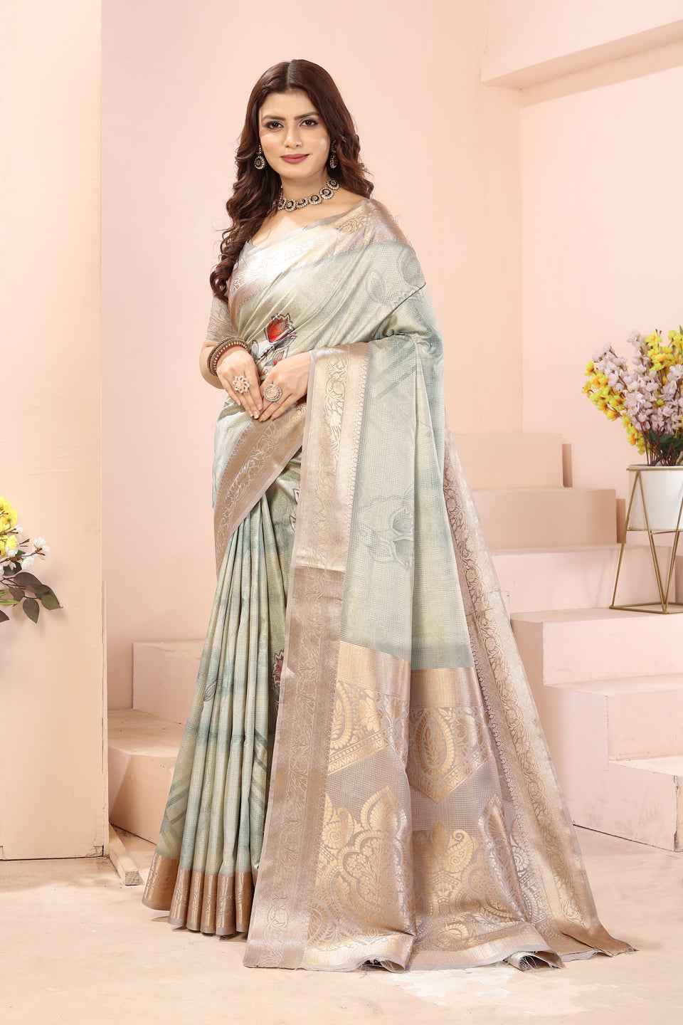 ZAMUNA Light Blue Silk Kanjivaram Digital Print Saree with Blouse Piece – Pastel Wedding & Festive Wear