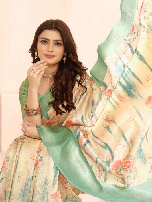 ZAMUNA Light Blue Silk Woven Digital Print Saree with Blouse Piece – Subtle Pastel Festive Look