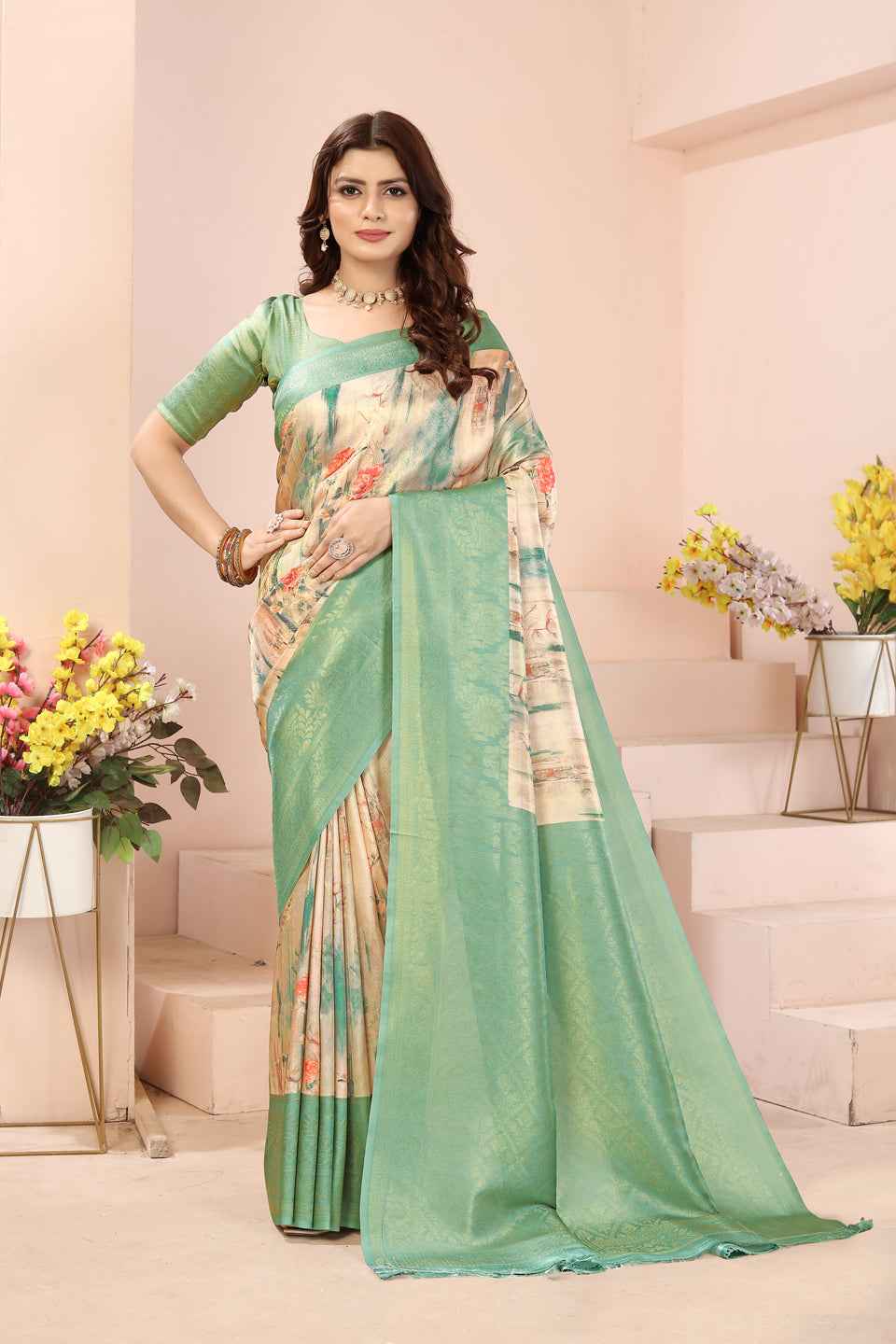 ZAMUNA Light Blue Silk Woven Digital Print Saree with Blouse Piece – Subtle Pastel Festive Look