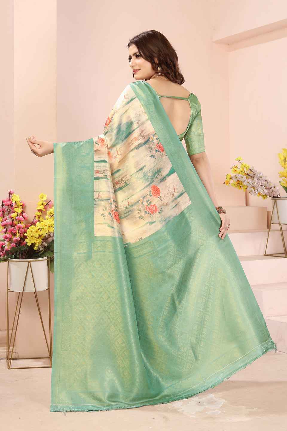 ZAMUNA Light Blue Silk Woven Digital Print Saree with Blouse Piece – Subtle Pastel Festive Look