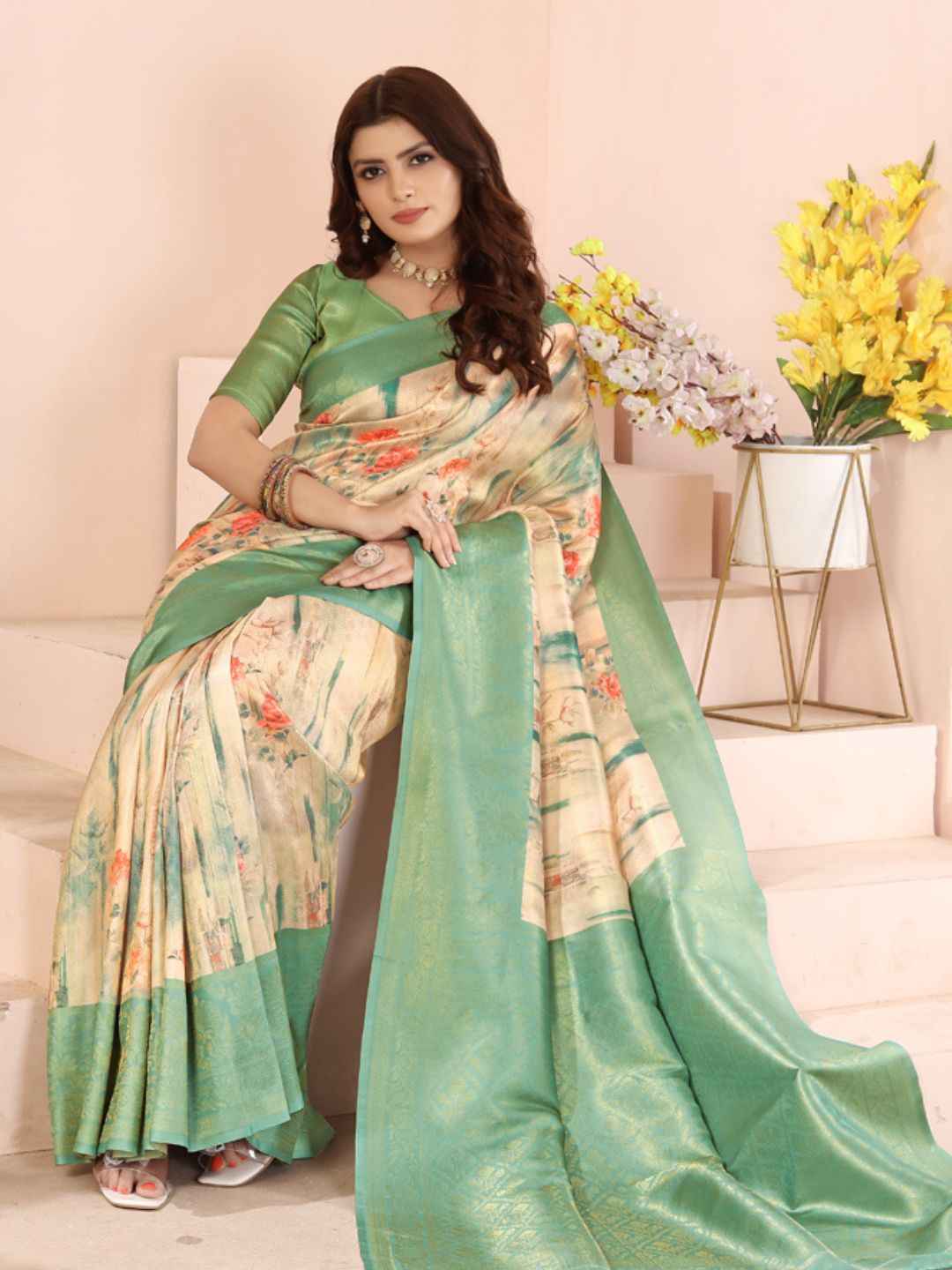ZAMUNA Light Blue Silk Woven Digital Print Saree with Blouse Piece – Subtle Pastel Festive Look