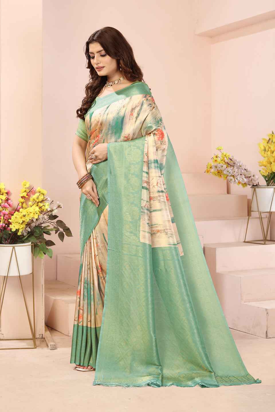 ZAMUNA Light Blue Silk Woven Digital Print Saree with Blouse Piece – Subtle Pastel Festive Look