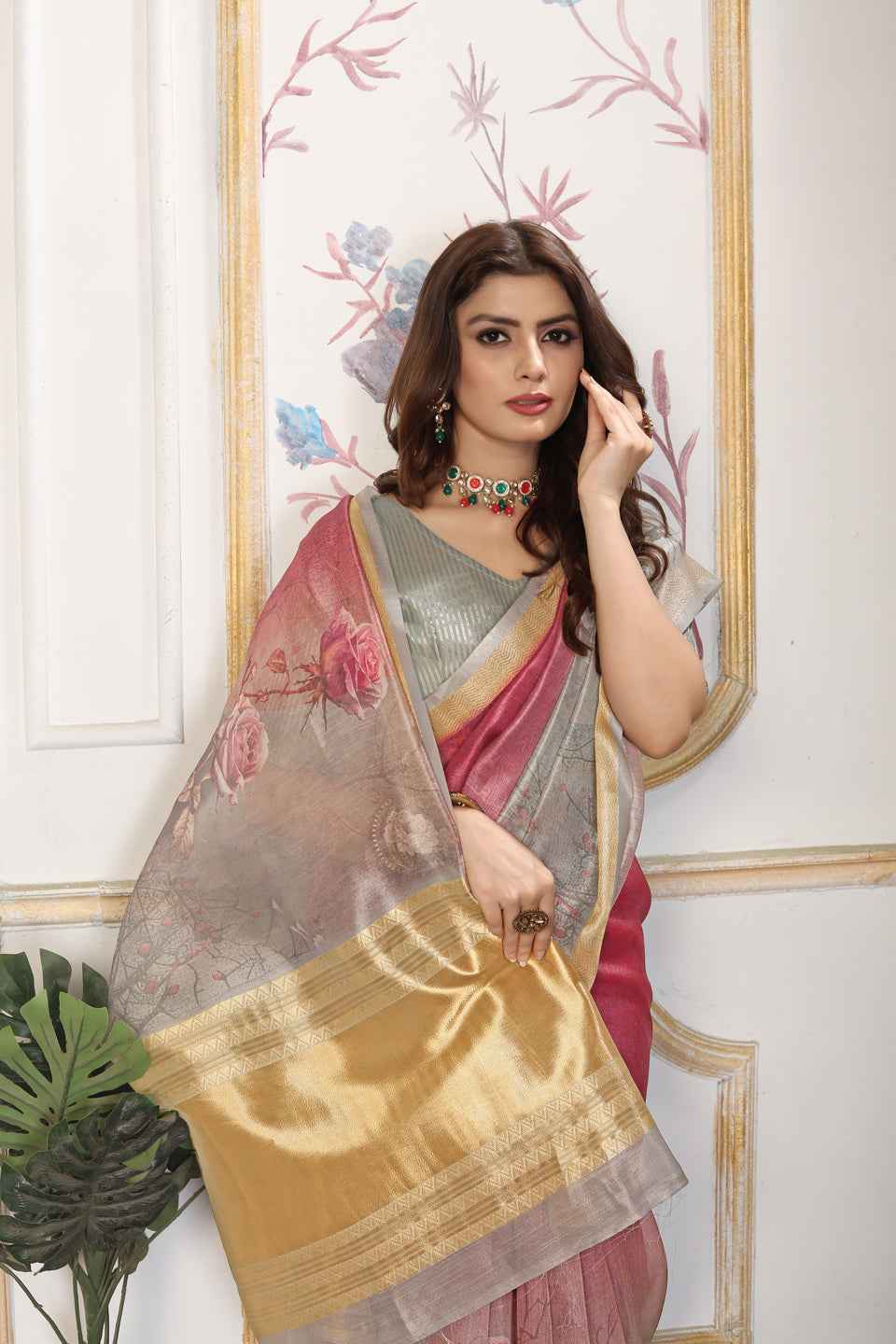 ZAMUNA Magenta Tissue Woven Floral Digital Print Saree with Blouse Piece – Bold Wedding Saree