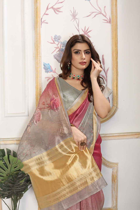 ZAMUNA Magenta Tissue Woven Floral Digital Print Saree with Blouse Piece – Bold Wedding Saree