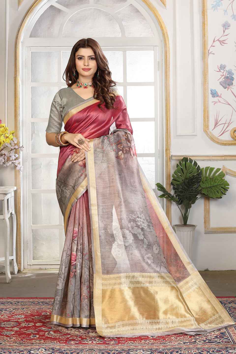 ZAMUNA Magenta Tissue Woven Floral Digital Print Saree with Blouse Piece – Bold Wedding Saree
