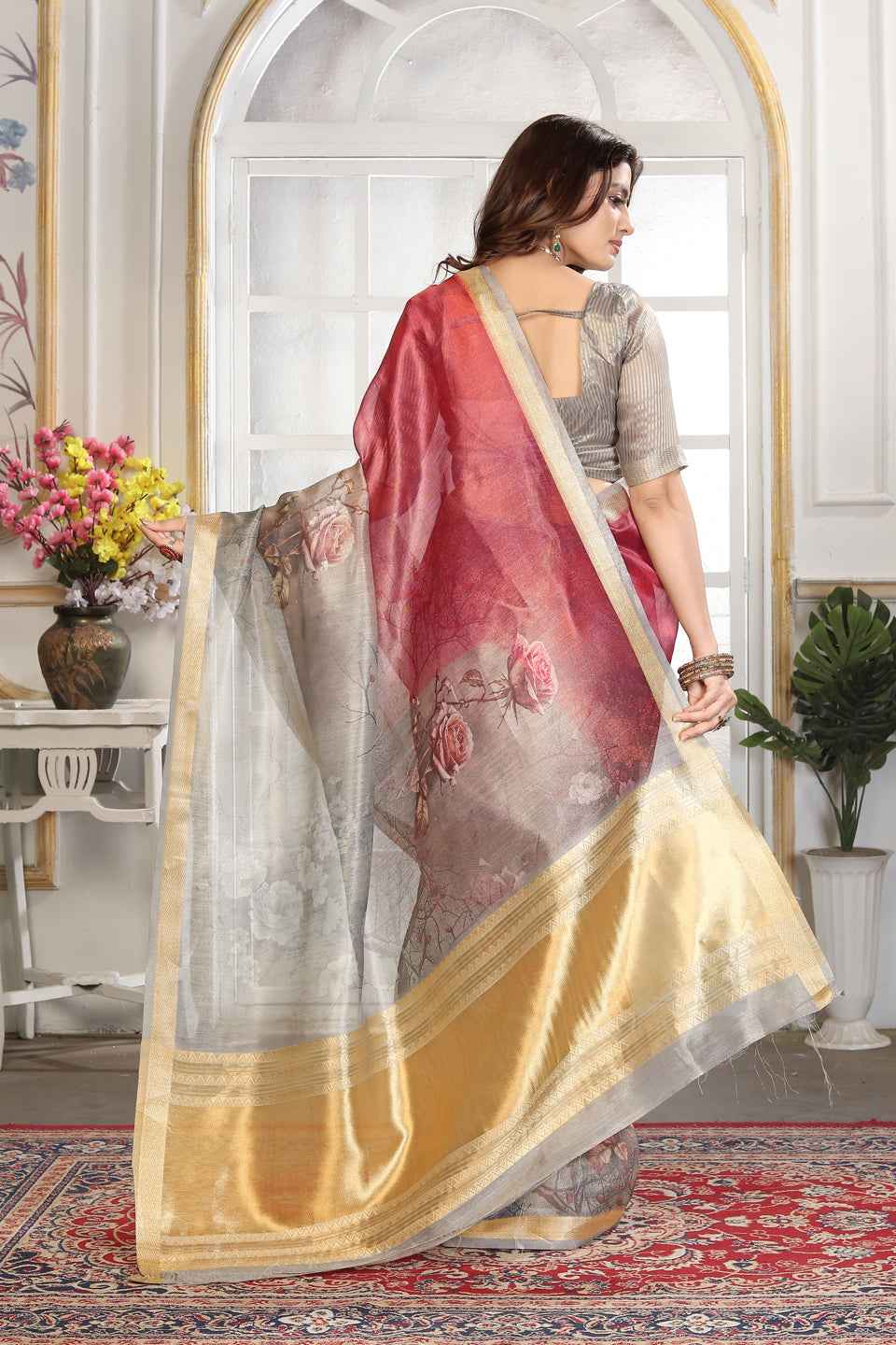 ZAMUNA Magenta Tissue Woven Floral Digital Print Saree with Blouse Piece – Bold Wedding Saree