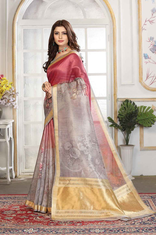 ZAMUNA Magenta Tissue Woven Floral Digital Print Saree with Blouse Piece – Bold Wedding Saree