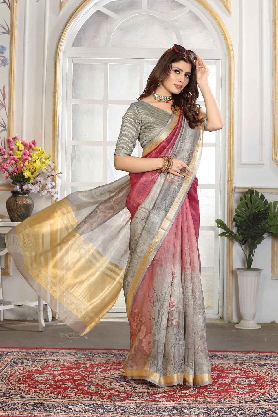 ZAMUNA Magenta Tissue Woven Floral Digital Print Saree with Blouse Piece – Bold Wedding Saree