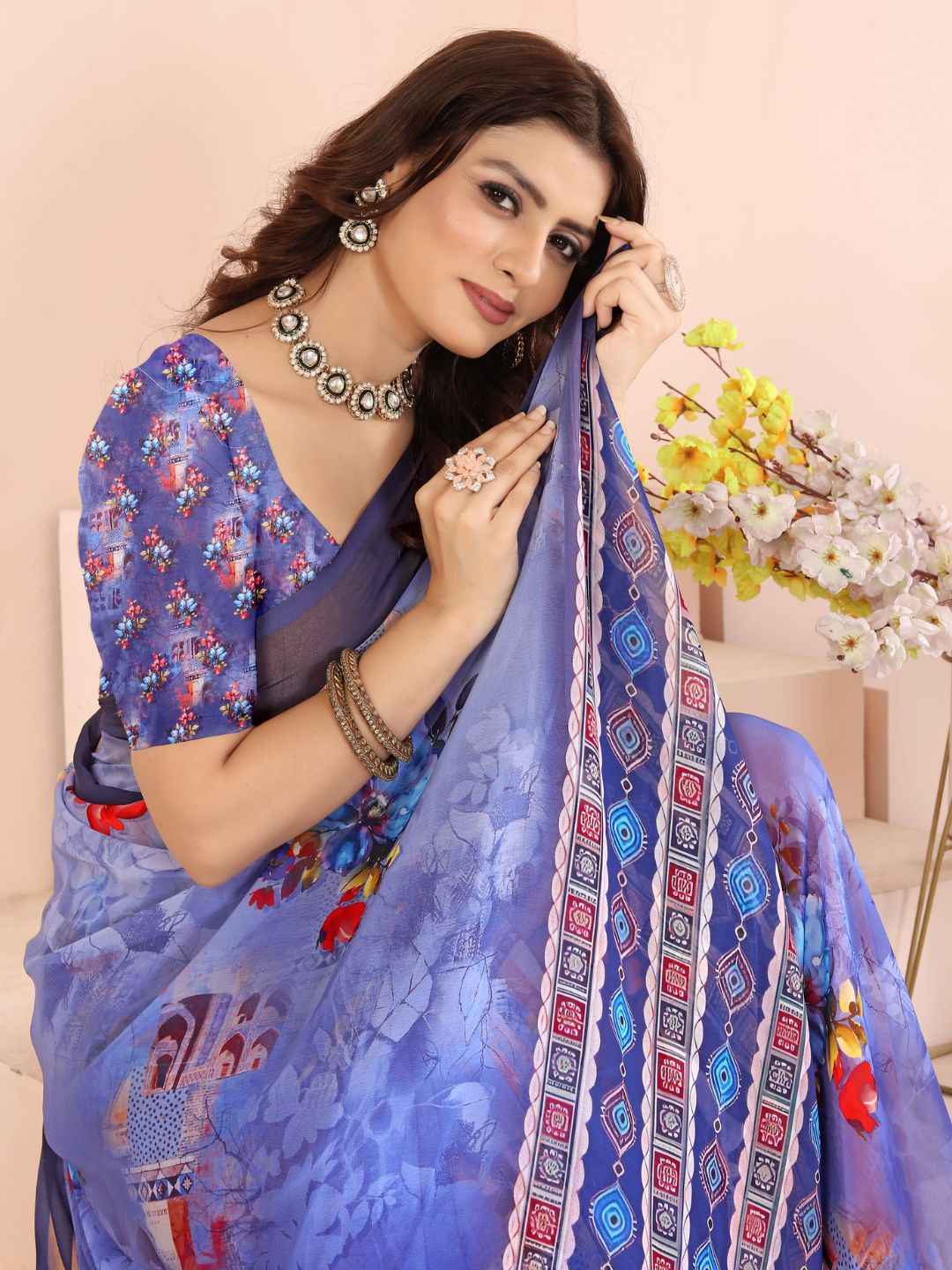 ZAMUNA Navy Georgette Floral Digital Print Saree with Blouse Piece – Classic Wedding & Reception Wear