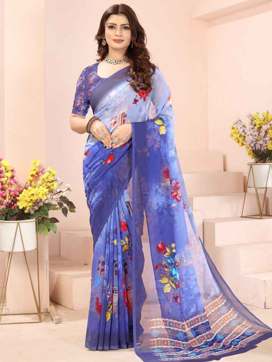 ZAMUNA Navy Georgette Floral Digital Print Saree with Blouse Piece – Classic Wedding & Reception Wear