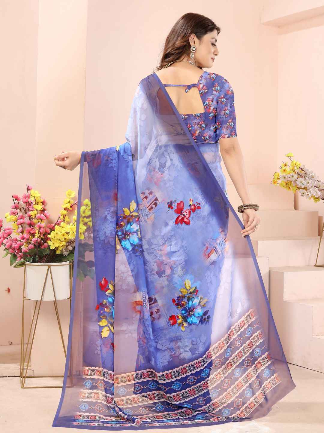 ZAMUNA Navy Georgette Floral Digital Print Saree with Blouse Piece – Classic Wedding & Reception Wear