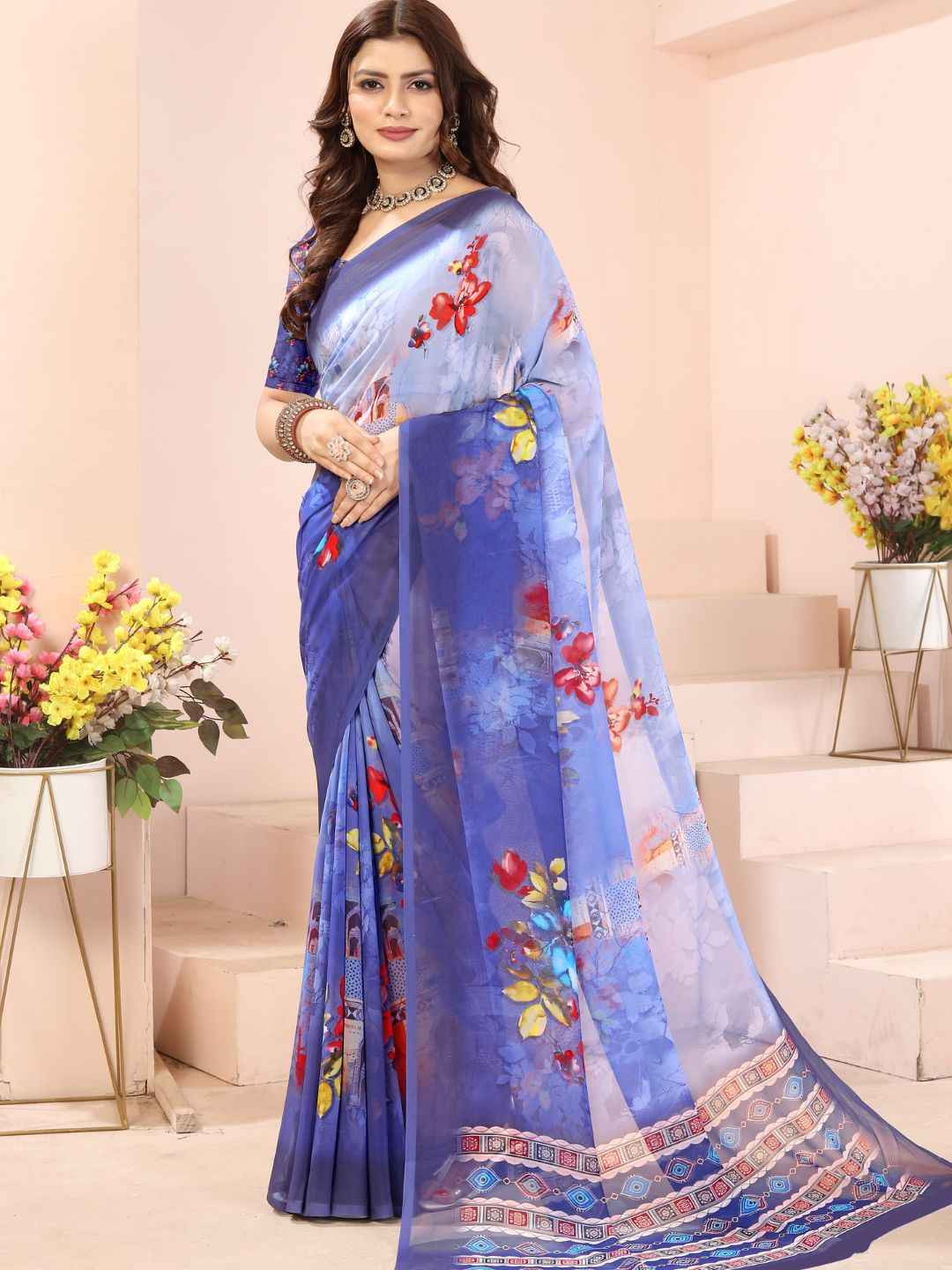 ZAMUNA Navy Georgette Floral Digital Print Saree with Blouse Piece – Classic Wedding & Reception Wear
