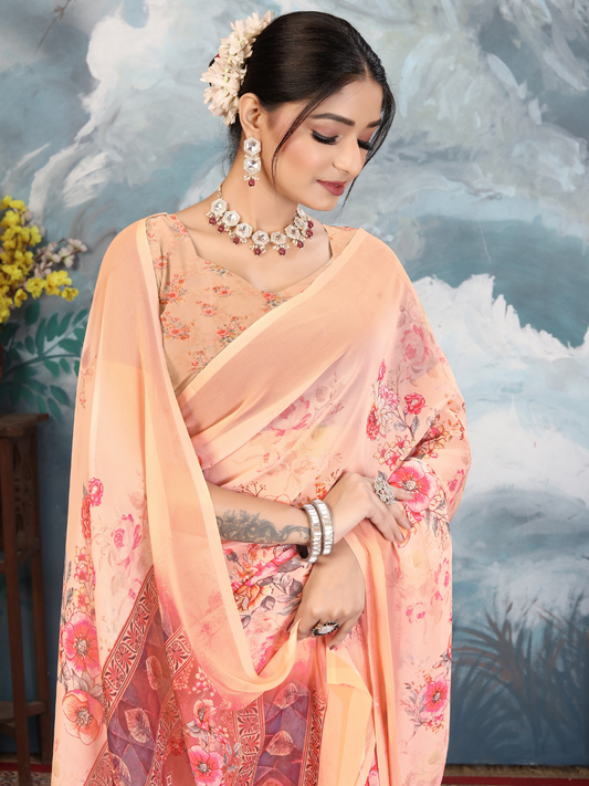 ZAMUNA Orange Georgette Floral Digital Print Saree with Blouse Piece – Elegant Wedding & Festive Wear