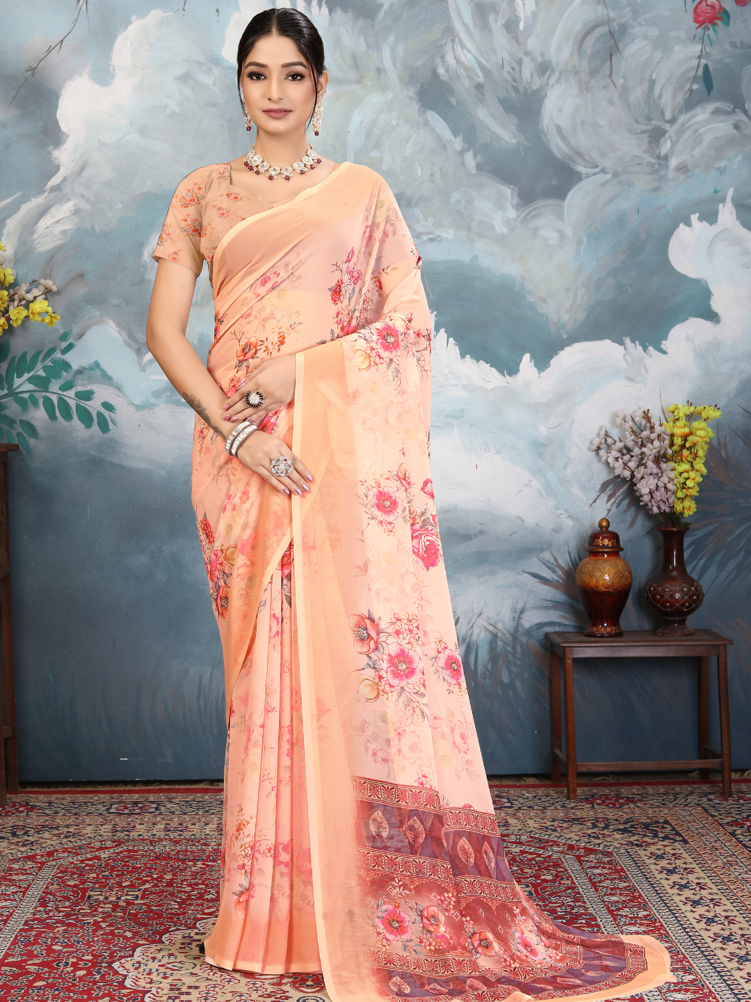 ZAMUNA Orange Georgette Floral Digital Print Saree with Blouse Piece – Elegant Wedding & Festive Wear